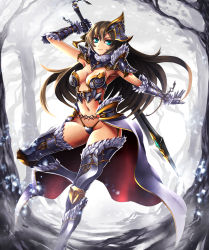 Rule 34 | 1girl, aqua eyes, armor, bikini armor, gradient background, highres, kurobuchi numama, smile, solo, sword, weapon