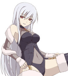 Rule 34 | 1girl, bad id, bad pixiv id, bare shoulders, boots, chain, elbow gloves, fingerless gloves, fur, gloves, grey nails, leg up, lingerie, long hair, looking at viewer, nail polish, nnyu, red eyes, simple background, smile, solo, thigh boots, thighhighs, underwear, white hair