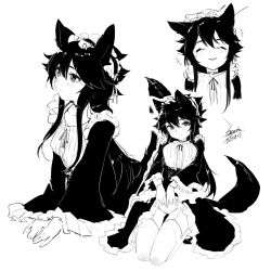 Rule 34 | 1girl, animal ears, black hair, blush, breasts, chinese commentary, closed mouth, commentary request, dated, ejami, ekko (ejami), fox ears, fox girl, fox tail, full body, greyscale, long hair, looking at viewer, maid, monochrome, multiple views, original, panties, signature, simple background, small breasts, smile, tail, thighhighs, underwear, white background