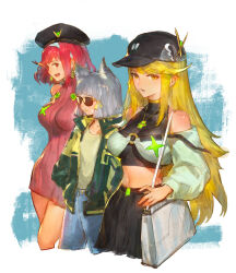 Rule 34 | 3girls, adapted costume, animal ears, bag, beret, black headwear, blonde hair, candy, casual, cat ears, commentary request, crop top, cropped legs, daible, denim, dress, earrings, facial mark, food, grey hair, handbag, hands in pockets, hat, highres, jacket, jeans, jewelry, lollipop, long hair, looking at viewer, multiple girls, mythra (xenoblade), nia (xenoblade), pants, pyra (xenoblade), red hair, revision, short hair, skirt, sleeveless, sleeveless turtleneck, smile, sunglasses, turtleneck, turtleneck dress, very long hair, whisker markings, xenoblade chronicles (series), xenoblade chronicles 2