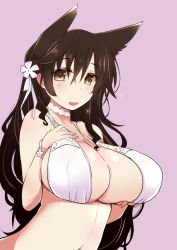 Rule 34 | 1girl, atago (azur lane), atago (summer march) (azur lane), azur lane, bikini, blush, breast hold, breasts, brown eyes, brown hair, cleavage, highres, large breasts, long hair, mole, mole under eye, open mouth, shirogane (platinum), smile, solo, swept bangs, swimsuit, upper body, white bikini