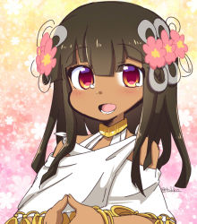 Rule 34 | 1girl, blunt bangs, blush, bracelet, brown hair, dark-skinned female, dark skin, egyptian, egyptian clothes, eyebrows, eyes visible through hair, fate/prototype, fate/prototype: fragments of blue and silver, fate (series), fingernails, fingers together, floral background, flower, hair flower, hair ornament, halterneck, jewelry, long hair, looking at viewer, multicolored background, nefertiti (fate/prototype fragments), orange eyes, pink flower, solo, straight hair, teeth, tongue, tsukko (3ki2ne10), twitter username