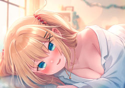 Rule 34 | 1girl, akai haato, blonde hair, blue eyes, blurry, blurry background, blush, breasts, cleavage, commentary request, depth of field, eyes visible through hair, hair ornament, hairclip, heart, heart hair ornament, highres, hololive, indoors, jewelry, large breasts, light particles, long hair, looking at viewer, lying, magowasabi, necklace, off shoulder, on side, parted lips, partially unbuttoned, revision, shirt, signature, single bare shoulder, smile, solo, twitter username, two side up, upper body, virtual youtuber, white shirt, window, x hair ornament