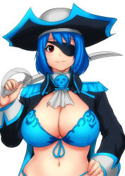 Rule 34 | 1girl, adapted costume, amagi brilliant park, bikini, blue bikini, blue hair, breasts, cleavage, cosplay, erkaz, eyepatch, hand on own hip, hat, highres, huge breasts, looking at viewer, original, pirate, pirate hat, red eyes, rina atherina, sento isuzu, short hair, smile, solo, swimsuit, sword, weapon