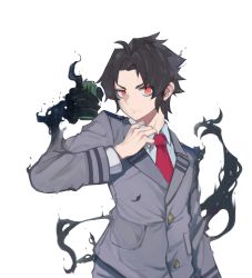 Rule 34 | 1boy, absurdres, black hair, boku no hero academia, borrowed character, can, closed mouth, commission, dokuro deluxe, energy drink, extra hands, frown, highres, holding, holding can, male focus, monster energy, necktie, original, red eyes, red necktie, school uniform, shadow, simple background, solo, uniform, white background