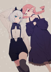 Rule 34 | 2girls, bare shoulders, black shorts, black thighhighs, blue eyes, braid, brown background, cei (sohin), choker, closed mouth, dress, fang, fang out, feet out of frame, grey hair, headband, long sleeves, looking at viewer, lying, mee (sohin), multiple girls, off-shoulder dress, off shoulder, on back, original, pointy ears, purple dress, red eyes, shirt, short hair, shorts, slit pupils, smile, sohin, suspender shorts, suspenders, thighhighs, twin braids, white shirt