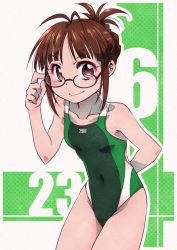 Rule 34 | 1girl, adjusting eyewear, aged down, akizuki ritsuko, antenna hair, arm behind back, black-framed eyewear, brown eyes, brown hair, competition swimsuit, covered navel, cowboy shot, flat chest, folded ponytail, from side, green background, green one-piece swimsuit, idolmaster, idolmaster (classic), idolmaster 2, legs together, looking at viewer, one-piece swimsuit, outline, parted bangs, semi-rimless eyewear, smile, solo, standing, swimsuit, thighs, tommy region, two-tone background, under-rim eyewear, v-shaped eyebrows, white background