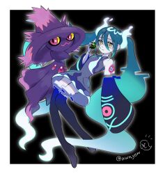 Rule 34 | 1girl, aqua hair, awano saji, bare shoulders, black background, black sleeves, black thighhighs, border, check commentary, closed mouth, colored sclera, commentary request, creatures (company), detached arm, detached legs, detached sleeves, dusk ball, floating, full body, game freak, gen 4 pokemon, ghost miku (project voltage), glitch, gradient hair, grey shirt, hair between eyes, hand up, hat, hatsune miku, highres, holding, holding poke ball, long hair, looking at viewer, mismagius, multicolored hair, necktie, nintendo, pale skin, poke ball, pokemon, pokemon (creature), project voltage, purple hat, red eyes, see-through, see-through skirt, shirt, skirt, sleeves past fingers, sleeves past wrists, smile, solo, thighhighs, twintails, twitter username, very long hair, vocaloid, white border, white hair, white necktie, will-o&#039;-the-wisp (mythology), witch hat, yellow eyes, yellow sclera