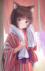 Rule 34 | 1girl, animal ear fluff, animal ears, blue eyes, blush, bow, brown hair, cat ears, closed mouth, commentary request, flower, hand up, highres, iroha (iroha matsurika), japanese clothes, kimono, long hair, long sleeves, looking at viewer, mutsuki (iroha (iroha matsurika)), obi, original, purple bow, purple flower, red kimono, sash, solo, striped clothes, striped kimono, towel, towel around neck, vertical-striped clothes, vertical-striped kimono, very long hair, wet, wet hair, wide sleeves, wisteria, yukata