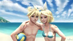 Rule 34 | 1boy, 1girl, arm around neck, arm around waist, bad link, ball, bikini, blonde hair, blue sky, brother and sister, cloud, day, deviantart username, facebook username, gohpot, grin, hair ornament, hair ribbon, hairclip, hand on another&#039;s shoulder, highres, holding, holding ball, kagamine len, kagamine rin, ocean, outdoors, ponytail, realistic, ribbon, siblings, signature, sky, smile, sunlight, swimsuit, topless male, twins, vocaloid, volleyball (object), watermark, web address
