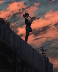 Rule 34 | 1girl, absurdres, black hair, black pantyhose, black shirt, blue sky, cloud, cloudy sky, commentary request, closed eyes, from side, guweiz, highres, holding, holding instrument, instrument, original, pantyhose, ponytail, power lines, rooftop, shirt, short hair, short sleeves, sky, solo, standing, sunset, trumpet, twilight, utility pole