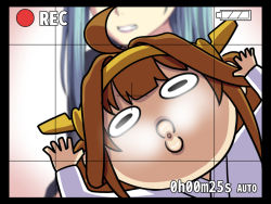 Rule 34 | 2girls, ahoge, angry, battery indicator, black border, blue hair, blurry, blurry background, border, breath, brown hair, chibi, clenched teeth, crosshair, depth of field, grid, head out of frame, headband, ishii hisao, kantai collection, kongou (kancolle), long hair, multiple girls, o3o, o o, pink background, purple sweater, recording, suzuya (kancolle), sweater, teeth, timestamp