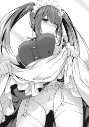Rule 34 | 1girl, apron, asymmetrical hair, bow, bow panties, breasts, clock eyes, clothes lift, date a live, dress shirt, from below, garter straps, greyscale, heterochromia, highres, large breasts, lifting own clothes, long hair, maid, maid headdress, monochrome, novel illustration, official art, panties, shirt, skirt, skirt lift, solo, standing, symbol-shaped pupils, thighhighs, tokisaki kurumi, tsunako, twintails, underwear, very long hair, waist apron