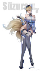 Rule 34 | 1girl, absurdres, aged up, alcohol, alternate age, alternate ass size, alternate breast size, alternate costume, animal ear fluff, animal ears, arknights, arm support, bare shoulders, black gloves, blonde hair, blue necktie, breasts, breasts apart, character name, chinese commentary, collar, collarbone, covered collarbone, covered erect nipples, covered navel, crossed legs, cup, curvy, dated, detached sleeves, drinking glass, fox ears, fox girl, fox tail, full body, gloves, gradient hair, green eyes, hat, high heels, highleg, highleg leotard, highres, impossible clothes, impossible leotard, infection monitor (arknights), invisible chair, kitsune, kyuubi, large breasts, leotard, linea alba, lips, loose necktie, medium breasts, medium hair, multicolored hair, multiple tails, necktie, nose, off-shoulder leotard, pumps, qinzeduomexiong, shiny clothes, sidelocks, simple background, sitting, solo, suzuran (arknights), tail, thighhighs, tsurime, visor cap, wide hips, wine, wine glass