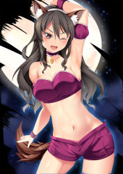 Rule 34 | 1girl, ;d, animal ears, arm up, armpits, ashigara (kancolle), bare shoulders, blush, breasts, brown eyes, brown hair, choker, cleavage, collarbone, commentary request, cosplay, cowboy shot, detached sleeves, fang, full moon, groin, hair between eyes, hairband, highres, kantai collection, kemonomimi mode, large breasts, long hair, looking at viewer, mew zakuro, mew zakuro (cosplay), midriff, moon, navel, night, night sky, one eye closed, open mouth, puffy detached sleeves, puffy sleeves, purple choker, purple shorts, short shorts, shorts, sidelocks, sky, smile, solo, standing, strapless, tail, tokyo mew mew, tube top, wavy hair, white hairband, wolf ears, wolf tail, wristband, yasume yukito