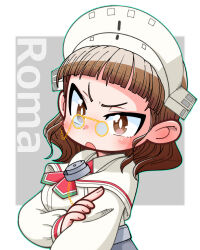 Rule 34 | 1girl, blunt bangs, blush, brown eyes, brown hair, capelet, character name, eyewear strap, headdress, kantai collection, long sleeves, open mouth, outline, roma (kancolle), shin (shin k009), simple background, solo, two-tone background, upper body, white capelet, white headdress