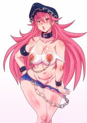 Rule 34 | 1girl, blush, breasts, chain, cleavage, clothes pull, collar, cuffs, denim, denim shorts, female focus, final fight, handcuffs, hat, large breasts, linked piercing, long hair, navel, nipple chain, nipple piercing, nipples, no panties, off shoulder, peaked cap, piercing, pink hair, poison (final fight), pulled by self, pussy, rickert kai, short shorts, shorts, shorts pull, solo, street fighter, tank top, thigh gap, uncensored, wide hips