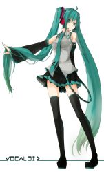 Rule 34 | 1girl, ahoge, bad id, bad pixiv id, boots, detached sleeves, green eyes, green hair, hatsune miku, headset, highres, long hair, matching hair/eyes, miruto netsuki, necktie, outstretched arm, simple background, skirt, solo, thigh boots, thighhighs, twintails, very long hair, vocaloid, white background