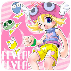Rule 34 | 1girl, ;q, amitie (puyopuyo), bare shoulders, beret, blonde hair, blue eyes, bracelet, compile, creature, fang, flipped hair, hat, jewelry, lowres, madou monogatari, one eye closed, open mouth, puyo (puyopuyo), puyopuyo, puyopuyo fever, short hair, shorts, solo, sweater vest, tongue, tongue out, turtleneck, winged hat, wink