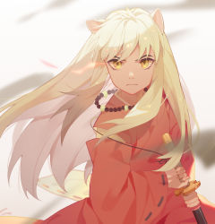 Rule 34 | 1boy, absurdres, animal ears, dog ears, frown, highres, inuyasha, inuyasha (character), japanese clothes, jewelry, limao jun, long hair, male focus, necklace, simple background, sword, weapon, white hair, yellow eyes