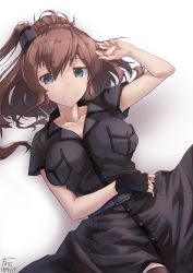 Rule 34 | 10s, 1girl, 2017, artist name, blue eyes, breast pocket, breasts, brown hair, cowboy shot, dated, fingerless gloves, gloves, highres, kantai collection, large breasts, long hair, lying, pocket, ponytail, saratoga (kancolle), saratoga mk ii (kancolle), side ponytail, single glove, solo, thighhighs, xfate