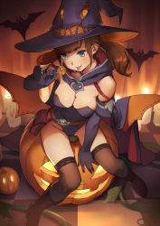 Rule 34 | 1girl, bare shoulders, bat (animal), bat wings, black gloves, black thighhighs, blue eyes, boots, breasts, brown hair, candy, cape, checkered floor, cleavage, commentary request, elbow gloves, food, gloves, halloween, halloween costume, hat, highres, jack-o&#039;-lantern, large breasts, leotard, lollipop, looking at viewer, pumpkin, sitting, solo, tetsuo (amenohutikoma), thighhighs, twintails, wings, witch hat