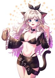 Rule 34 | 1girl, absurdres, animal ears, artist request, bell, belt, bikini, black bikini, black choker, black jacket, black shorts, blue eyes, breasts, cat ears, cat girl, cat tail, choker, cleavage, coin, collarbone, commission, cowboy shot, cropped jacket, floating hair, frilled sleeves, frills, fur collar, hair ribbon, hand up, highleg, highleg bikini, highres, holding, holding coin, jacket, jingle bell, large breasts, long hair, long sleeves, looking at viewer, loose belt, moneybag, navel, open clothes, open jacket, open mouth, original, ribbon, second-party source, short shorts, shorts, smile, solo, standing, stomach, string bikini, swimsuit, tail, thighs, white hair, wide sleeves