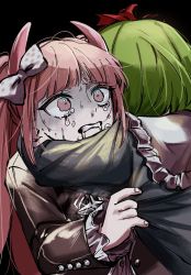 Rule 34 | 2girls, arms around neck, ashitaba yade, black background, black shirt, bow, clenched teeth, commentary request, crying, crying with eyes open, danganronpa (series), danganronpa another episode: ultra despair girls, dress, frills, green hair, hair bow, hair ribbon, highres, holding, hug, long hair, long sleeves, multiple girls, pink eyes, pink hair, red ribbon, ribbon, scared, shirt, short hair, tears, teeth, towa monaca, twintails, upper body, utsugi kotoko