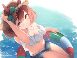 Rule 34 | 1girl, absurdres, animal ears, bikini, bow, breasts, brown eyes, brown hair, cleavage, commentary, denim, denim shorts, ear bow, from above, hat, highres, horse ears, horse girl, looking at viewer, medium breasts, medium hair, multicolored hair, nice nature (umamusume), noa0319, short shorts, shorts, smile, solo, straw hat, streaked hair, swimsuit, twintails, umamusume, white bikini