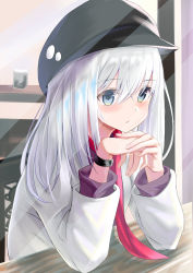 Rule 34 | 1girl, black hat, blue eyes, blush, cabbie hat, chair, closed mouth, copyright request, hair between eyes, hat, highres, long hair, long sleeves, looking away, natsuki (natukituki), on chair, own hands together, shirt, silver hair, solo, upper body, watch, white shirt, wristwatch