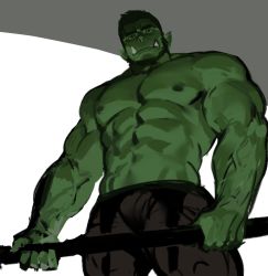 Rule 34 | 1boy, abs, bara, beard, black pants, bulge, colored skin, dopey (dopq), facial hair, fangs, feet out of frame, from below, green skin, highres, holding, holding polearm, holding weapon, large pectorals, looking at viewer, male focus, mature male, monster boy, muscular, muscular male, mustache, navel, nipples, orc, original, pants, pectorals, pointy ears, polearm, short hair, solo, stomach, thick eyebrows, topless male, unfinished, veins, weapon