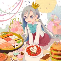 Rule 34 | 10s, 1girl, ahoge, bacon, birthday, birthday cake, blue bow, blue bowtie, blue hair, bouquet, bow, bowtie, burger, cake, colis, commentary request, confetti, crown, cupcake, cutting board, dress, drooling, flower, food, fruit, gift, grey eyes, grey hair, grey pantyhose, hair between eyes, happy birthday, heart, kantai collection, kiyoshimo (kancolle), long hair, long sleeves, looking down, low twintails, macaron, mini crown, multicolored hair, no shoes, open mouth, pantyhose, pennant, shirt, simple background, sitting, sleeveless, sleeveless dress, solo, strawberry, streamers, string of flags, sushi, twintails, twitter username, v arms, very long hair, wariza, white background, white shirt