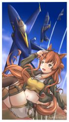 Rule 34 | 1girl, :d, absurdres, aircraft, airplane, animal ears, arm up, black jacket, blue angels, blue sky, blush, brown eyes, brown hair, cloud, crop top, day, grey shorts, highres, horse ears, jacket, long hair, long sleeves, mayano top gun (umamusume), midriff, navel, open clothes, open jacket, open mouth, shikabiscuit, shirt, shorts, sky, smile, solo, stomach, tail, thighhighs, thighs, two side up, umamusume, vehicle focus, very long hair, yellow shirt