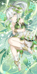Rule 34 | 1girl, bare shoulders, blush, closed mouth, commentary request, cross-shaped pupils, dress, full body, genshin impact, green eyes, green hair, grey hair, hair between eyes, hands up, haruri, highres, looking at viewer, nahida (genshin impact), no shoes, pointy ears, ponytail, short shorts, shorts, shorts under dress, sleeveless, sleeveless dress, smile, socks, solo, stirrup legwear, symbol-shaped pupils, toeless legwear, white dress, white shorts, white socks