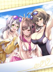 Rule 34 | 3girls, :d, absurdres, ahoge, anis (nikke), anis (nikke) (cosplay), anis (sparkling summer) (nikke), arm up, armpits, aviator sunglasses, bare shoulders, bikini, bikini skirt, black choker, black one-piece swimsuit, blue sky, blush, breasts, brown eyes, brown hair, choker, cleavage, closed mouth, cloud, collarbone, commentary request, competition swimsuit, cosplay, costume switch, counters (nikke), covered navel, day, eyepatch bikini, eyewear on head, front-tie bikini top, front-tie top, glasses, goddess of victory: nikke, goggles, goggles on head, green eyes, grin, group picture, hair between eyes, hair ornament, hand on another&#039;s head, highleg, highleg bikini, highleg swimsuit, highres, jacket, jewelry, large breasts, long hair, looking at another, looking at viewer, medium breasts, midriff, multiple girls, neckerchief, necklace, neon (blue ocean) (nikke), neon (nikke), neon (nikke) (cosplay), off shoulder, official alternate costume, one-piece swimsuit, one eye closed, open mouth, over-rim eyewear, photo (object), pink-tinted eyewear, pink neckerchief, pink sailor collar, pink skirt, piyopiyomaru (piyo8823), rapi (classic vacation) (nikke), rapi (nikke), rapi (nikke) (cosplay), red eyes, sailor collar, semi-rimless eyewear, short hair, side-tie bikini bottom, sidelocks, skirt, sky, smile, standing, star (symbol), star necklace, sunglasses, sweat, swim goggles, swimsuit, teeth, tinted eyewear, two-tone swimsuit, v, white bikini, white hair, white one-piece swimsuit, yellow jacket