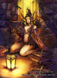 Rule 34 | 1girl, black hair, book, book stack, chain, cherokee (1021tonii), copyright name, demon girl, detached sleeves, diagram, facial mark, forehead mark, horns, lantern, last chronicle, midriff, navel, official art, papers, pointy ears, reading, sitting, solo, updo, wariza, watermark, wide sleeves