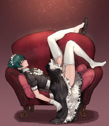 1boy alternate_costume back_bow black_dress black_footwear blush bow byleth_(fire_emblem) byleth_(male)_(fire_emblem) chair closed_eyes closed_mouth commentary_request crossdressing dress easy_chair fire_emblem fire_emblem:_three_houses frilled_dress frills gloves green_hair hair_between_eyes highres leg_up legwear_garter lying maid maid_headdress male_focus nintendo none_(kameko227) on_back pillow shoes short_sleeves single_shoe solo thighhighs white_bow white_gloves white_thighhighs