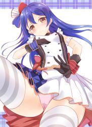 Rule 34 | 1girl, bad id, bad pixiv id, black gloves, blue hair, blush, cafe maid (love live!), checkered clothes, checkered skirt, closed mouth, commentary request, cowboy shot, dress, gloves, hair between eyes, hat, highres, long hair, looking at viewer, love live!, love live! school idol festival, love live! school idol project, panties, pantyshot, pink panties, pleated skirt, simple background, skirt, sleeveless, sleeveless dress, smile, solo, sonoda umi, spread legs, striped clothes, striped thighhighs, thighhighs, underwear, yellow eyes, yuuyu (yuuyu015)