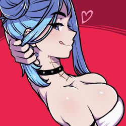 Rule 34 | 1girl, :q, akairiot, black choker, blue eyes, blue hair, blue nails, blush, body writing, breasts, choker, cleavage, closed mouth, dick-o-meter, female focus, from side, hair bun, heart, highres, iru may (akairiot), large breasts, long hair, looking at viewer, looking to the side, measuring, nail polish, original, penis measuring, profile, red background, ruler, simple background, single hair bun, single side bun, smile, solo, strapless, teeth, tongue, tongue out, tube top, upper teeth only