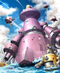 Rule 34 | afloat, aircraft, animal, bird, blue sky, blurry, cannon, claws, cloud, cloudy sky, commentary request, contrail, day, depth of field, door, from below, glint, lens flare, light rays, machinery, mecha, mega man (series), mega man legends (series), napo, no humans, ocean, open mouth, robot, servbot (mega man), sky, smile, smoke, sparkle, spikes, sunlight, water