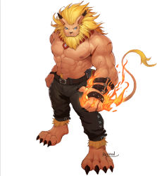 Rule 34 | 1boy, abs, animal ears, artist name, belt, black pants, blonde hair, blue eyes, body fur, claws, commentary request, digimon, digimon (creature), earrings, facial hair, fire, full body, furry, furry male, jewelry, lei mengde, leomon, lion ears, lion mane, lion paw, lion tail, long hair, looking at viewer, male focus, muscular, pants, pectorals, topless male, simple background, solo, tail, white background
