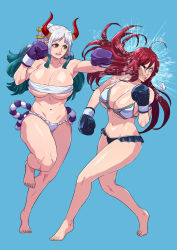 Rule 34 | 2girls, absurdres, arm tattoo, bikini, blue background, boxing gloves, breasts, cirenk, crossover, erza scarlet, fairy tail, fighting, highres, horns, in the face, large breasts, long hair, multiple girls, one piece, orange horns, simple background, skindentation, swimsuit, tattoo, thighs, very long hair, violence, yamato (one piece), yellow horns
