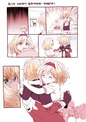 Rule 34 | &gt; &lt;, 1boy, 1girl, akina tsukako, apologizing, birthday cake, black gloves, blonde hair, blue eyes, blush, breasts, cake, calendar (object), character name, chibi, closed eyes, closed mouth, commentary request, couple, djeeta (granblue fantasy), english text, feather (granblue fantasy), flying sweatdrops, food, gloves, granblue fantasy, hairband, happy, happy birthday, hetero, hug, o o, open mouth, raised eyebrows, red hairband, short hair, speech bubble, standing, surprised