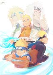 Rule 34 | 3boys, absurdres, bandages, bandaged arm, bandages, blonde hair, blue eyes, closed mouth, commentary request, facial mark, gorgeous mushroom, grin, hand up, headband, highres, holding, holding weapon, jacket, jiraiya (naruto), kunai, long hair, long sleeves, looking at viewer, male focus, multiple boys, namikaze minato, naruto, naruto (series), one eye closed, open mouth, orange jacket, rasengan, reverse grip, signature, silver hair, simple background, smile, thumbs up, uzumaki naruto, weapon, whisker markings, white background