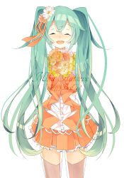 Rule 34 | 1girl, absurdres, bad id, bad pixiv id, character name, closed eyes, flower, green hair, hair flower, hair ornament, hair ribbon, happy birthday, hatsune miku, highres, long hair, open mouth, ribbon, saionji yuri, simple background, skirt, solo, tears, thighhighs, twintails, very long hair, vocaloid, white background