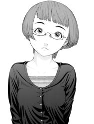 Rule 34 | 1girl, glasses, greyscale, head tilt, looking at viewer, monochrome, short hair, simple background, solo, tagme, white background