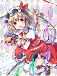 Rule 34 | 1girl, :d, ascot, blonde hair, bow, checkered background, fang, flandre scarlet, frills, gift, hair bow, hair ribbon, hat, looking at viewer, mary janes, mob cap, open mouth, pectorals, red eyes, ribbon, riichu, shoes, side ponytail, smile, solo, thighhighs, touhou, treasure chest, white thighhighs, wings, wrist cuffs