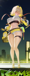 Rule 34 | 1girl, :d, absurdres, ahoge, black c (net dust), black gloves, black sports bra, blonde hair, blush, breasts, cellphone, cityscape, clothing cutout, crop top, crop top overhang, cropped sweater, curvy, elegg (nikke), exposed pocket, fang, full body, game screenshot inset, gloves, goddess of victory: nikke, grey shorts, hair intakes, hair over eyes, heart, heart ahoge, highres, holding, holding phone, large breasts, long bangs, long sleeves, micro shorts, multicolored clothes, multicolored gloves, multicolored hair, navel, neon lights, night, night sky, open mouth, phone, purple eyes, shiny skin, short hair, shorts, shoulder cutout, skin fang, sky, smartphone, smile, solo, sports bra, standing, suspender shorts, suspenders, thigh strap, thighs, two-tone hair, wide hips, yellow gloves