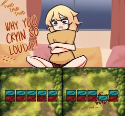Rule 34 | 1girl, blonde hair, centurii-chan, centurii-chan (artist), crack, english text, forest, from above, highres, hugging object, long hair, nature, original, pillow, pillow hug, red curtains, red eyes, sitting, solo, sound effects, tears, window