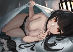 Rule 34 | 1girl, backlighting, bed sheet, black hair, black panties, blanket, blunt bangs, bra, unworn bra, breasts, commentary request, finger to mouth, futon, highres, idolmaster, idolmaster shiny colors, index finger raised, indoors, lantern, long hair, looking at viewer, lying, mayuzumi fuyuko, medium breasts, navel, nipples, on bed, on side, panties, parted lips, partial commentary, pillow, red eyes, shiyo (shiy0 ), shushing, smile, solo, thigh gap, topless, under covers, underwear, underwear only